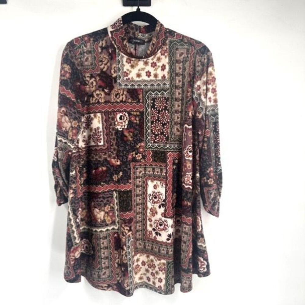 Cocomo Floral Bandana Print 3/4 Sleeve Mock Neck Blouse Medium Boho Patchwork - Picture 2 of 10
